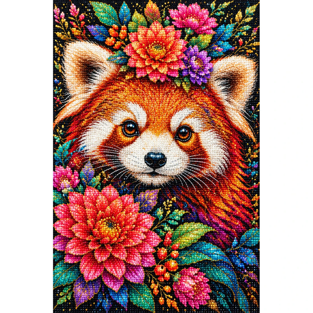 Colorful Floral Red Panda Diamond Painting Kit — Finished white-background diamond painting