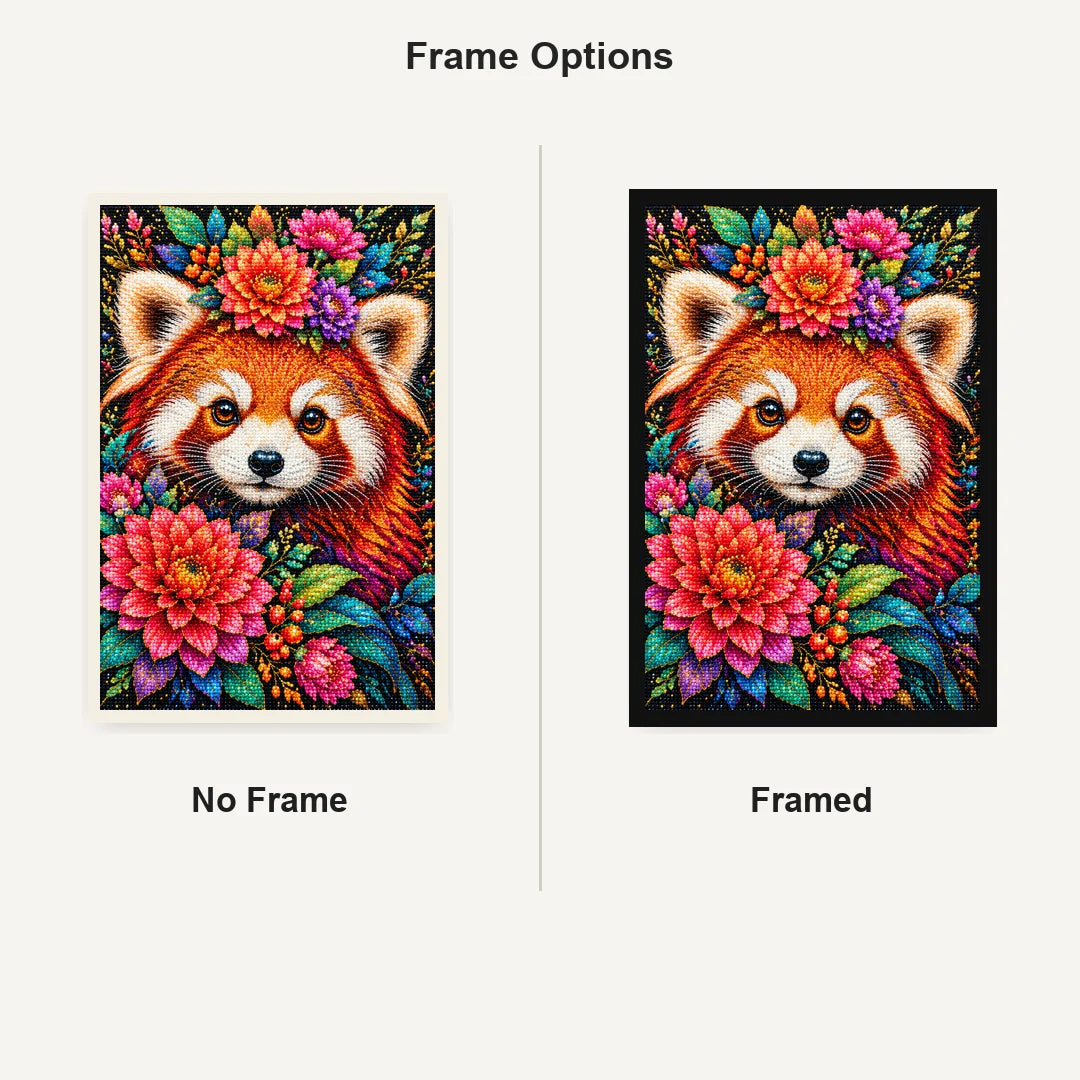 Colorful Floral Red Panda Diamond Painting Kit — No Frame and Framed comparison