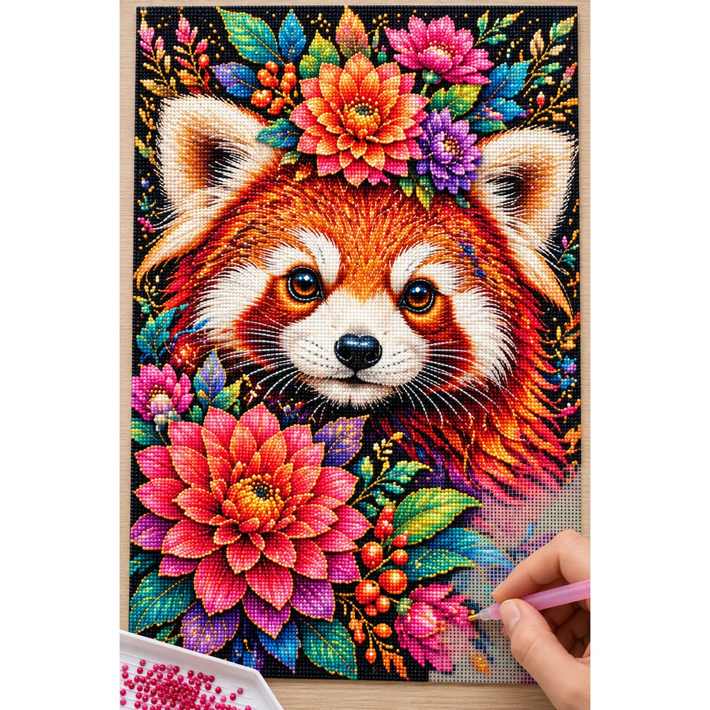 Colorful Floral Red Panda Diamond Painting Kit — Diamond painting process