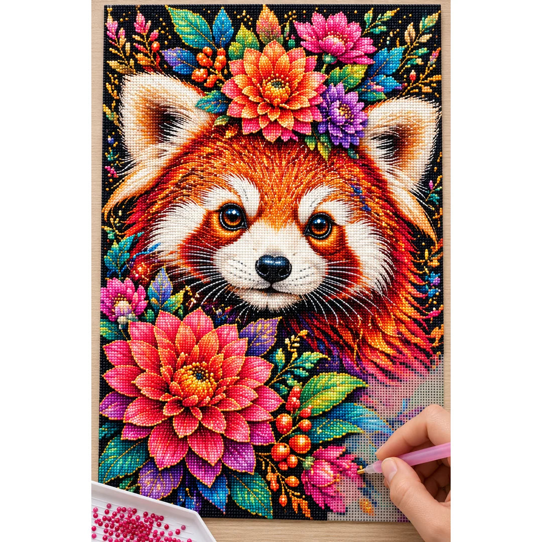Colorful Floral Red Panda Diamond Painting Kit — Diamond painting process