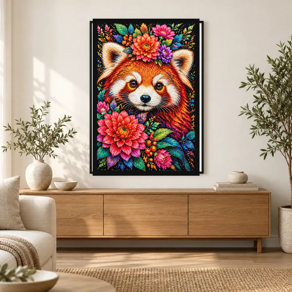 Colorful Floral Red Panda Diamond Painting Kit — Home decor scene