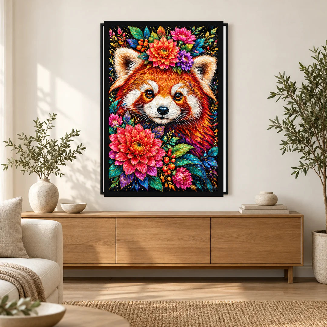Colorful Floral Red Panda Diamond Painting Kit — Home decor scene