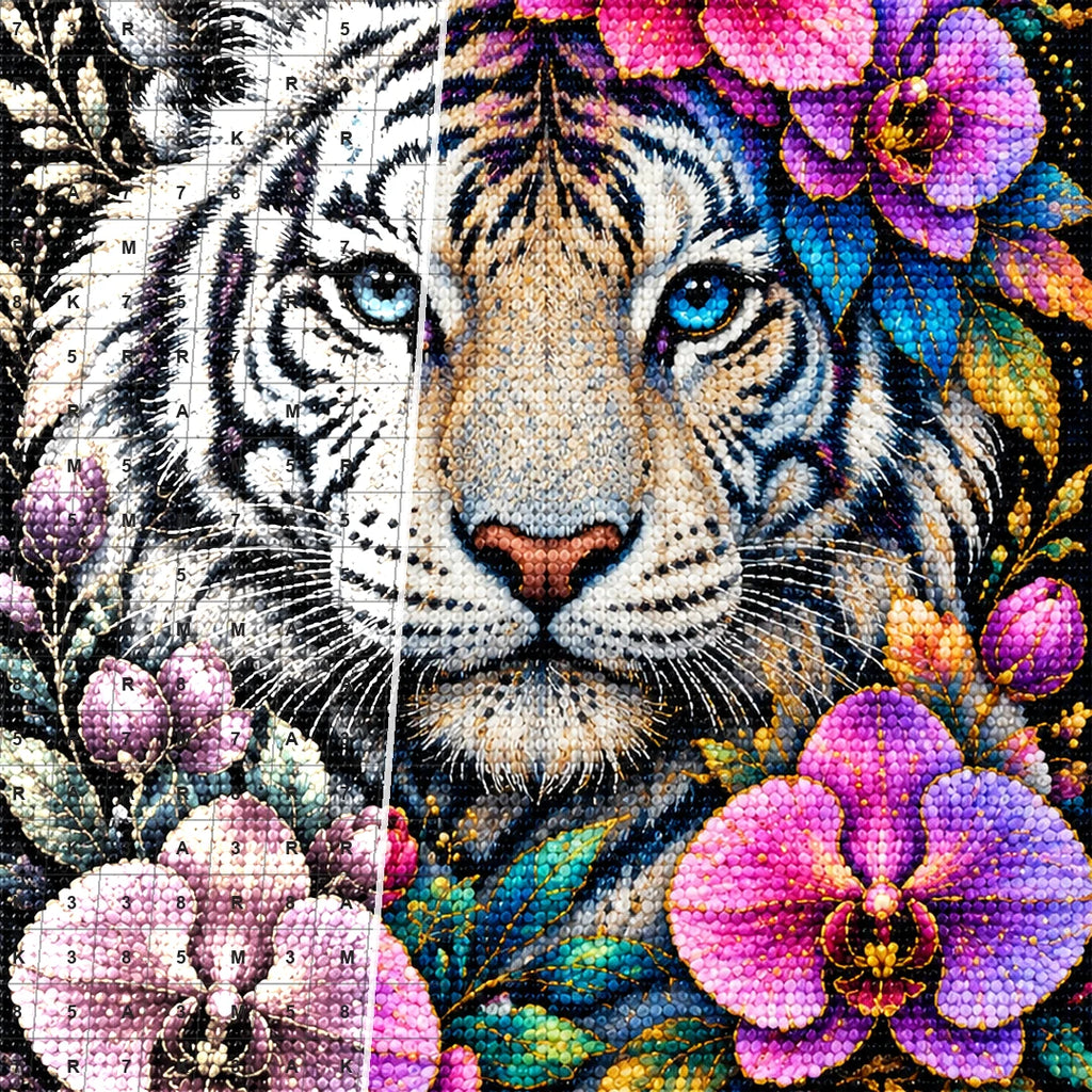 Colorful Floral White Tiger Diamond Painting Kit — Diamond and canvas detail