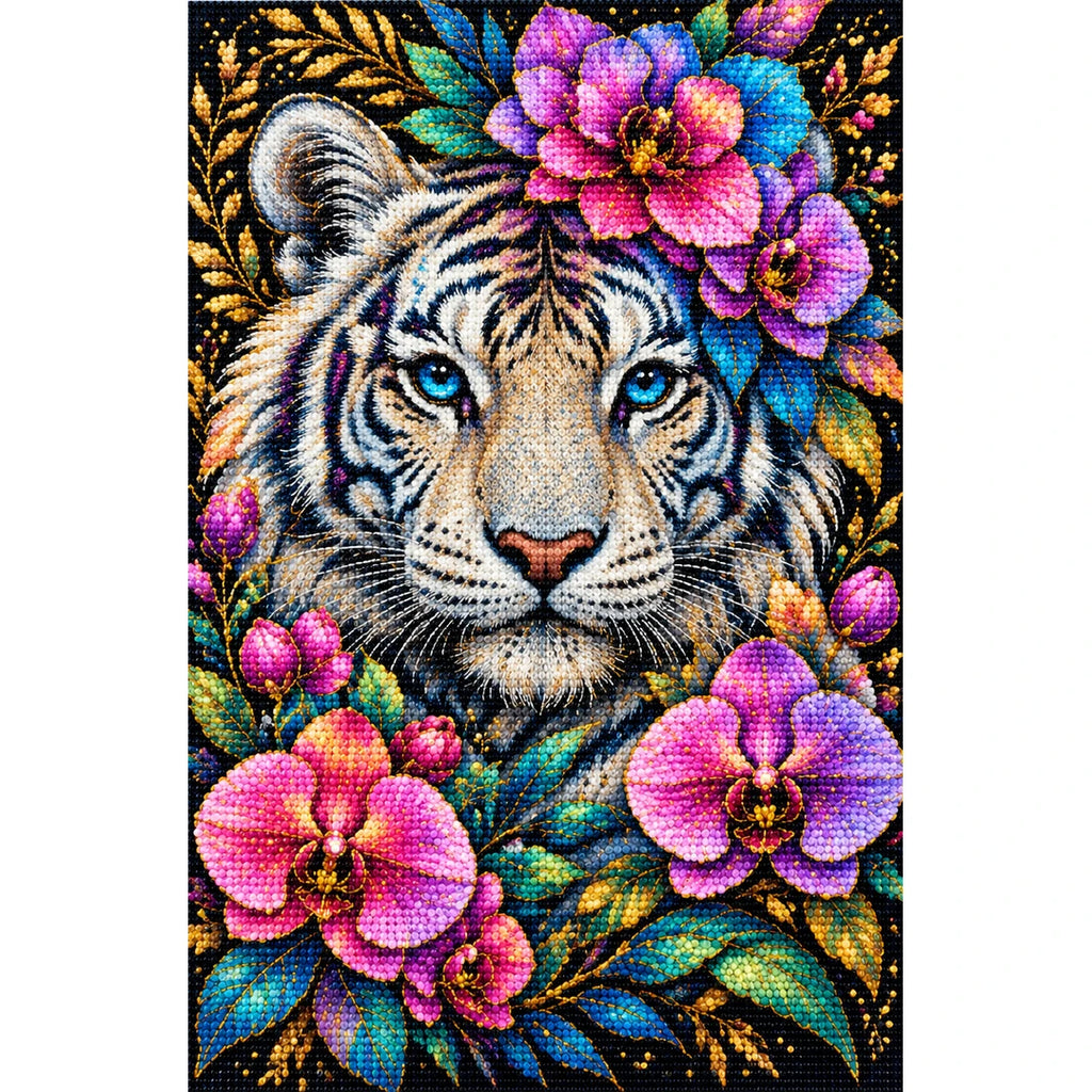 Colorful Floral White Tiger Diamond Painting Kit — Finished white-background diamond painting