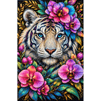 Colorful Floral White Tiger Diamond Painting Kit — Finished white-background diamond painting