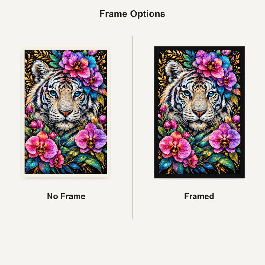 Colorful Floral White Tiger Diamond Painting Kit — No Frame and Framed comparison