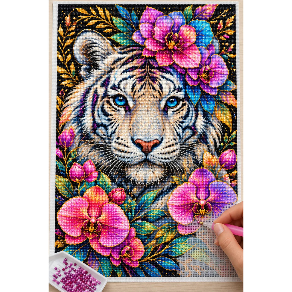 Colorful Floral White Tiger Diamond Painting Kit — Diamond painting process