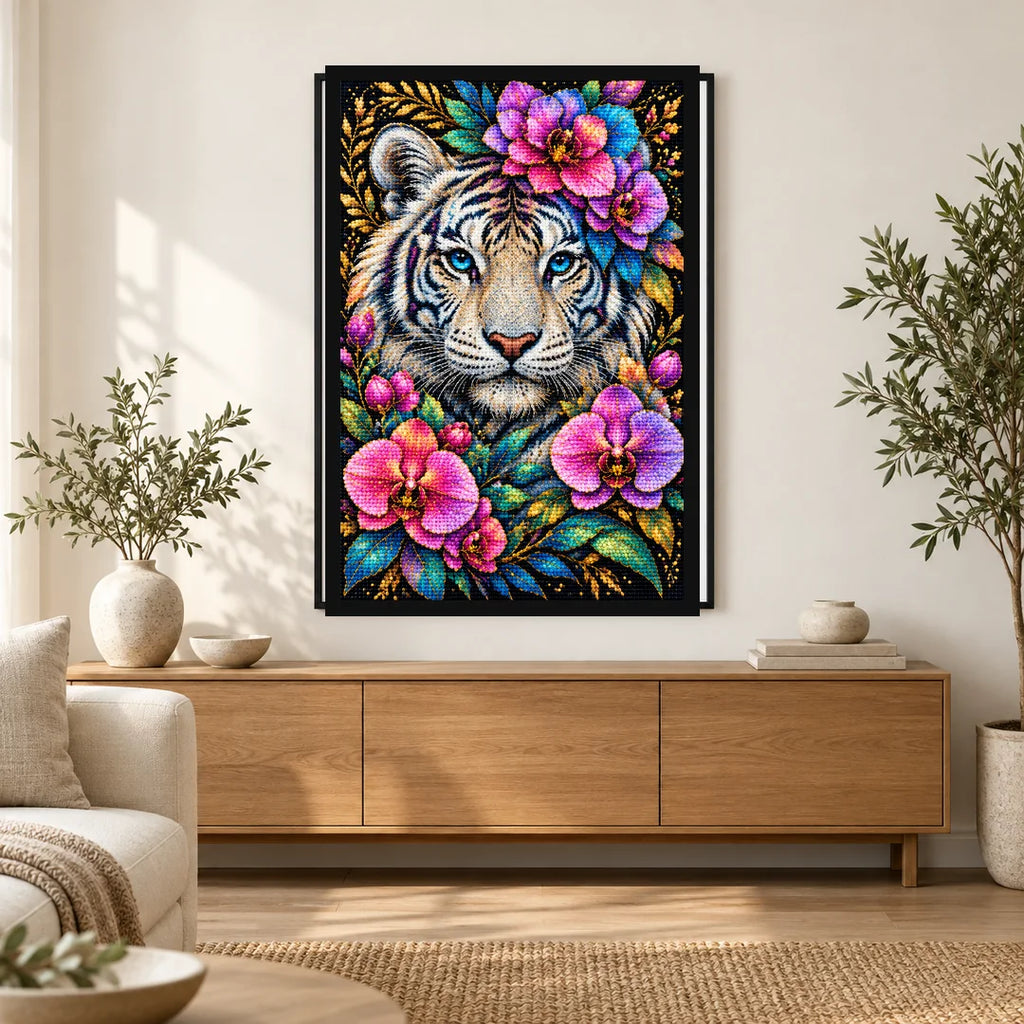 Colorful Floral White Tiger Diamond Painting Kit — Home decor scene