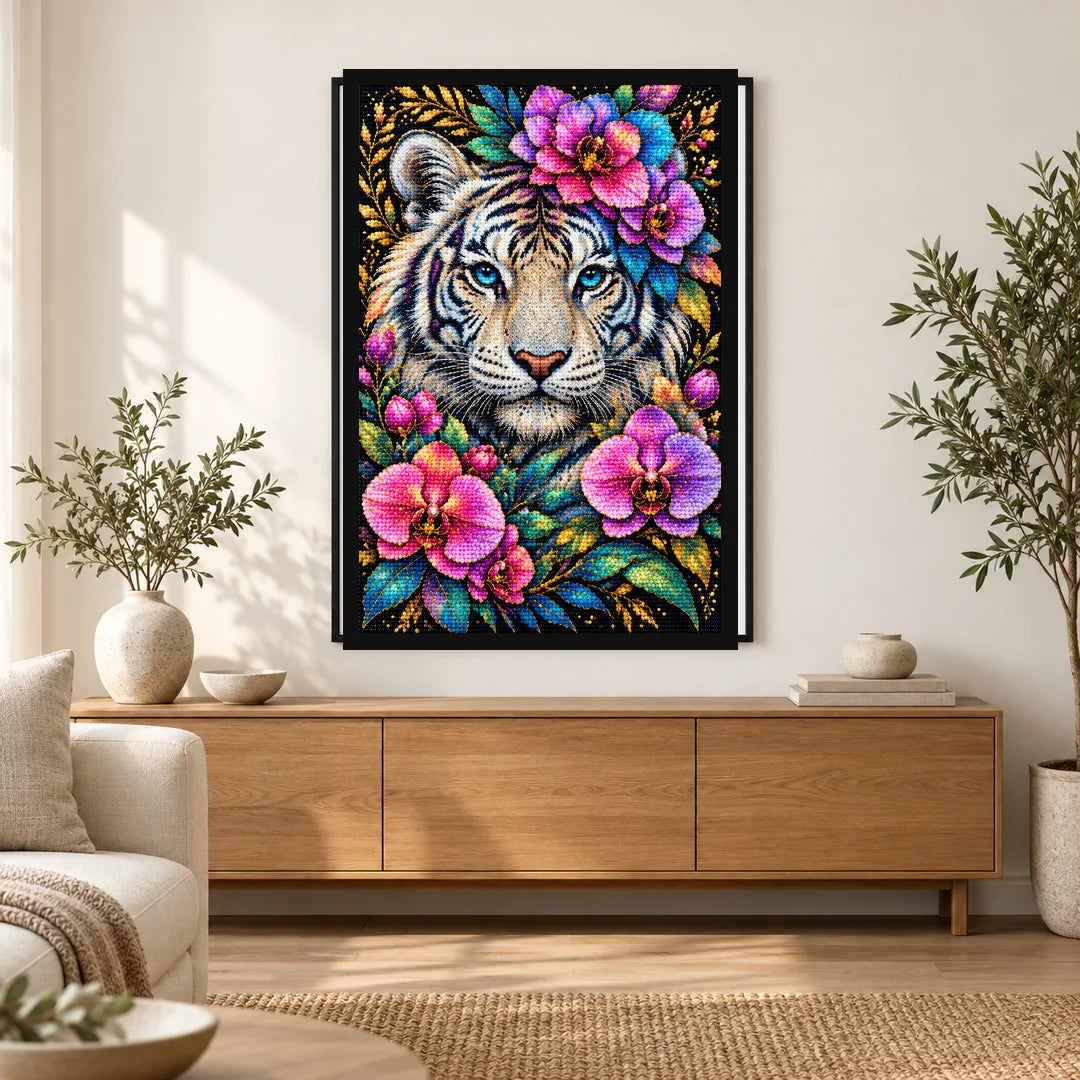 Colorful Floral White Tiger Diamond Painting Kit — Home decor scene