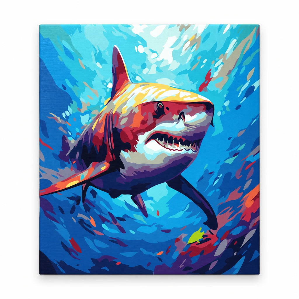 Colorful Great White Shark paint by numbers artwork on a front-facing canvas against a white background