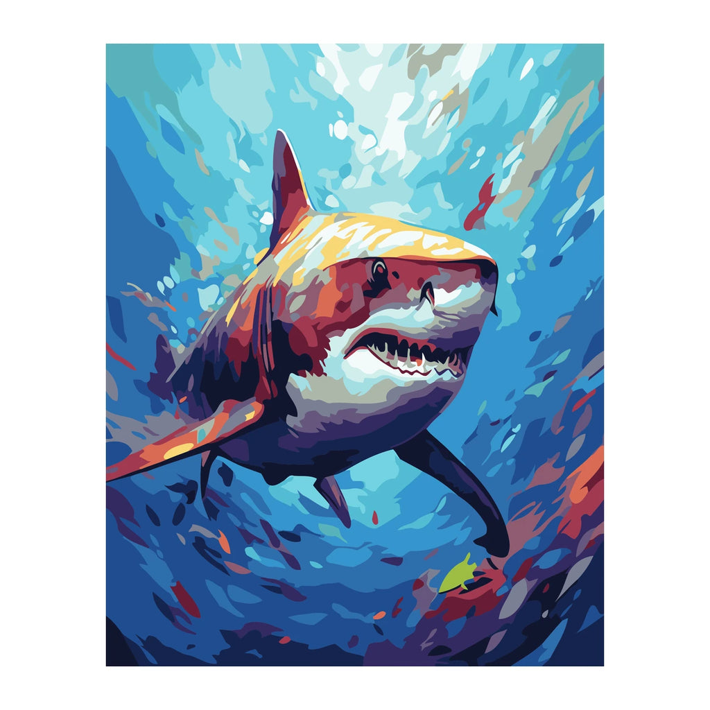 Colorful Great White Shark completed artwork on a clean white background