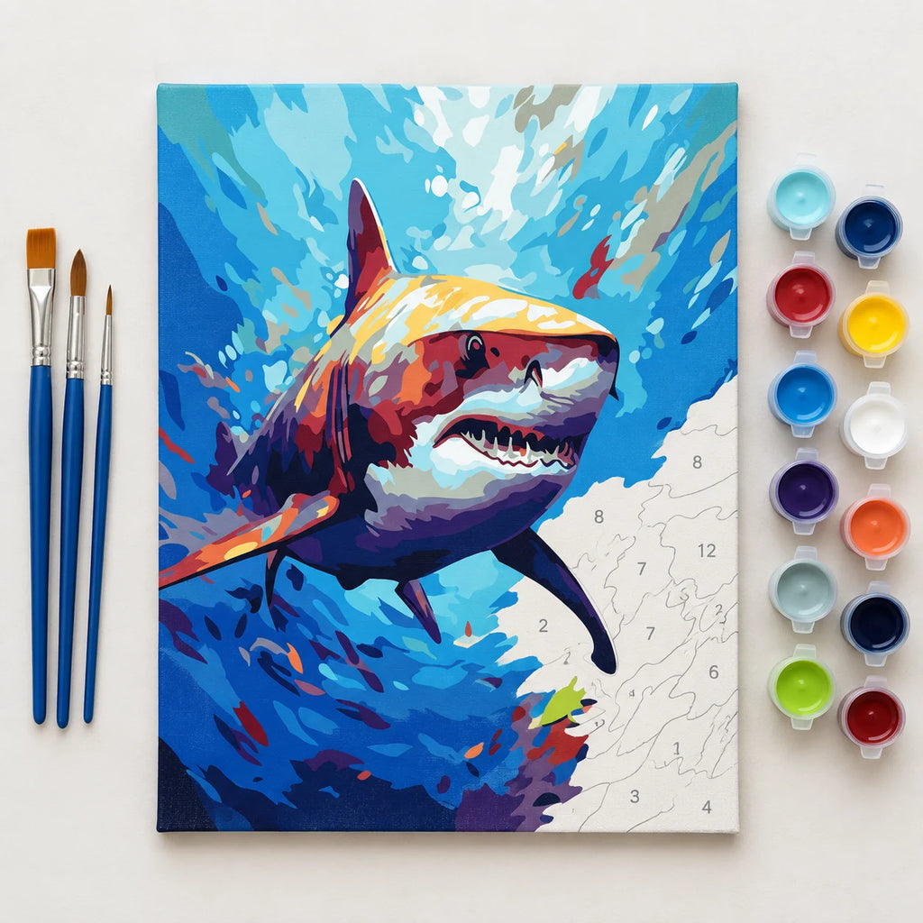 Complete Colorful Great White Shark numbered canvas being painted with acrylic paints and brushes