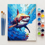 Complete Colorful Great White Shark numbered canvas being painted with acrylic paints and brushes