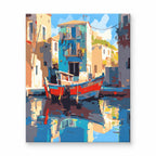 Colorful Harbor Boats paint by numbers artwork on a front-facing canvas against a white background