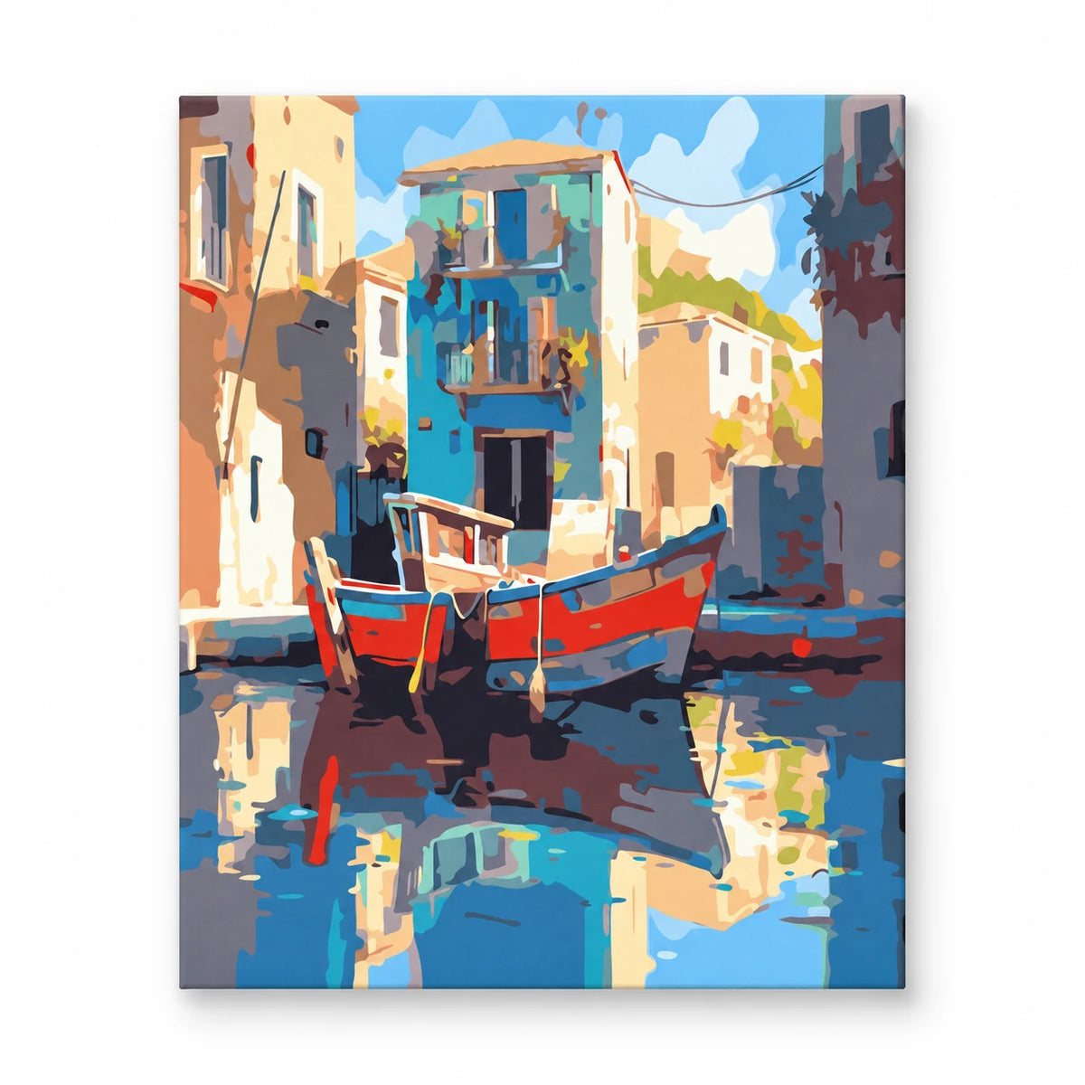 Colorful Harbor Boats paint by numbers artwork on a front-facing canvas against a white background