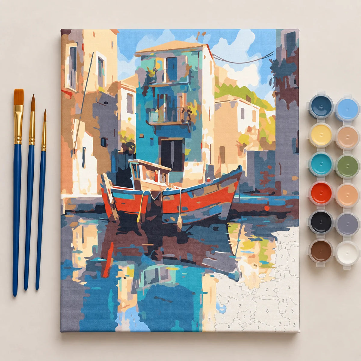Complete Colorful Harbor Boats numbered canvas being painted with acrylic paints and brushes