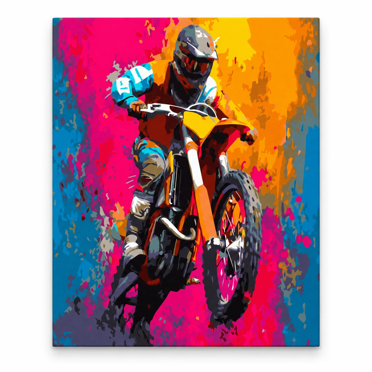 Colorful Motocross Rider paint by numbers artwork on a front-facing canvas against a white background
