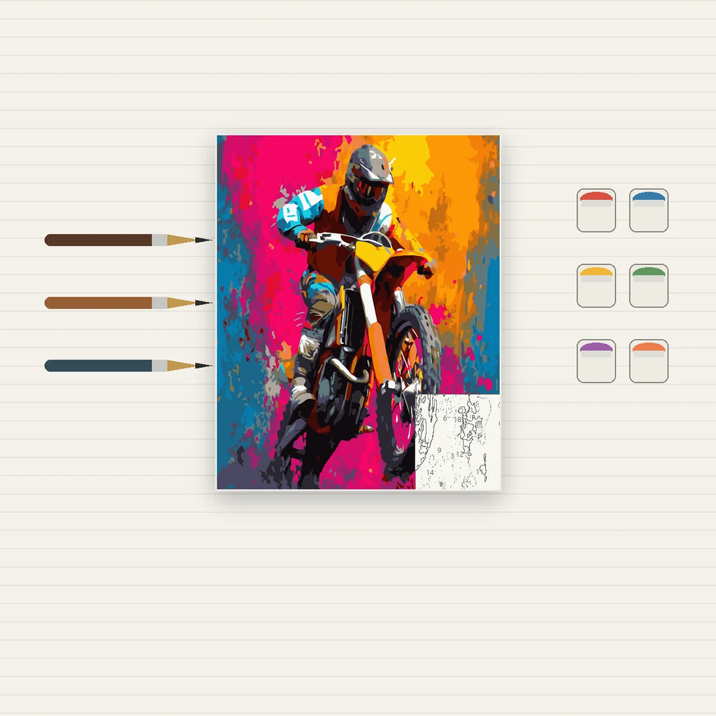 Complete Colorful Motocross Rider numbered canvas being painted with acrylic paints and brushes