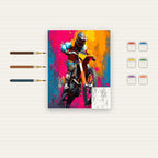 Complete Colorful Motocross Rider numbered canvas being painted with acrylic paints and brushes