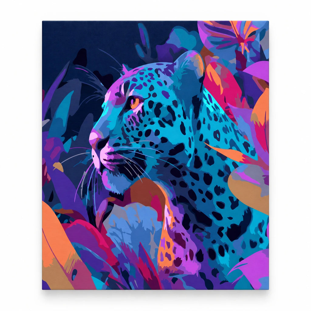 Colorful Neon Leopard Portrait paint by numbers artwork on a front-facing canvas against a white background