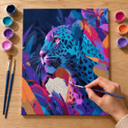 Complete Colorful Neon Leopard Portrait numbered canvas being painted with acrylic paints and brushes