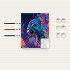 Complete Colorful Neon Leopard Portrait numbered canvas being painted with acrylic paints and brushes