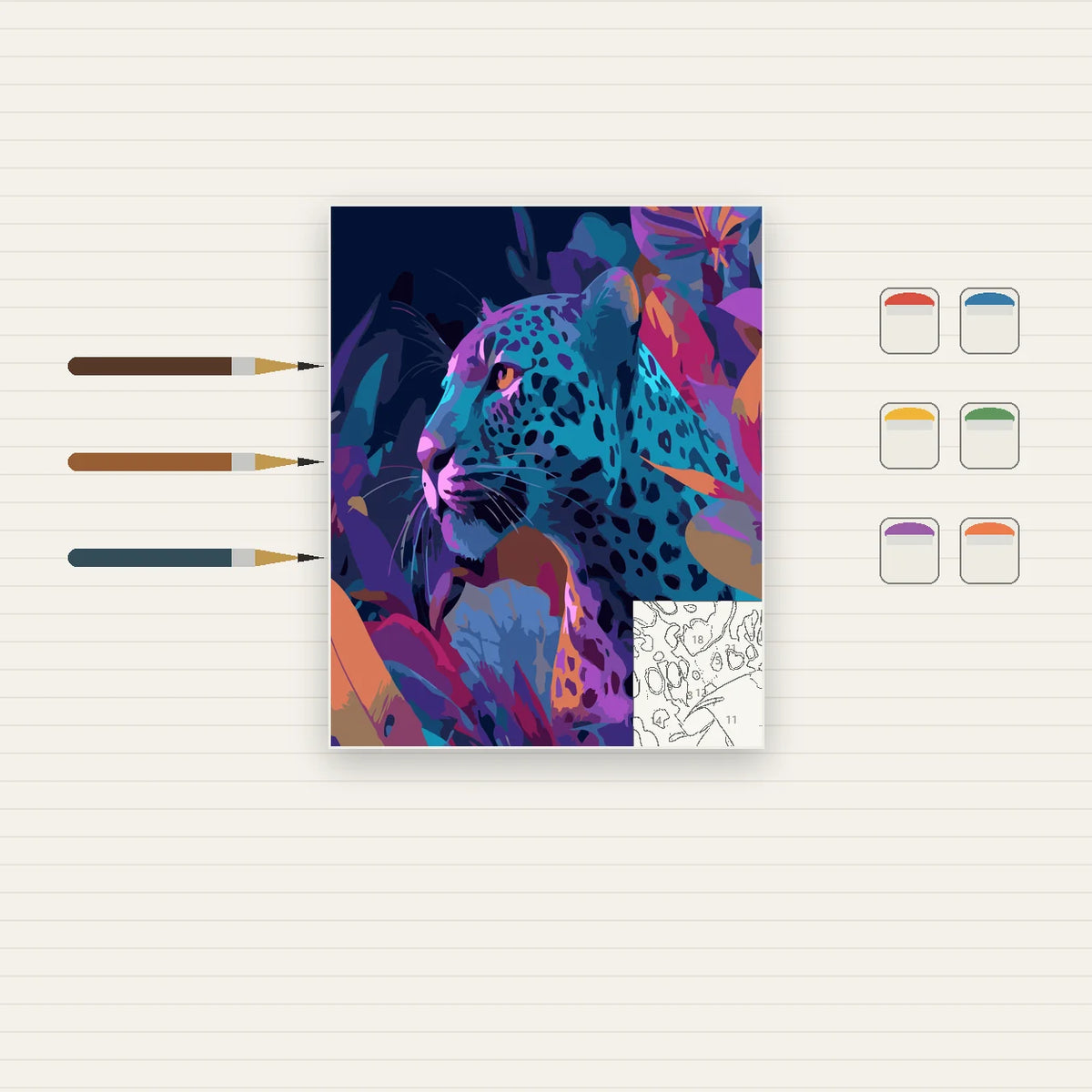 Complete Colorful Neon Leopard Portrait numbered canvas being painted with acrylic paints and brushes
