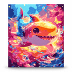 Colorful Smiling Shark paint by numbers artwork on a front-facing canvas against a white background