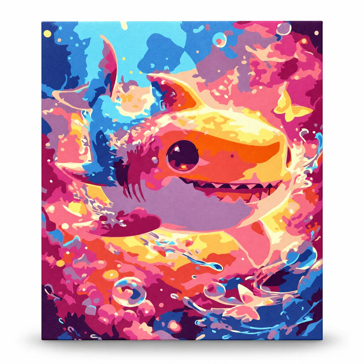 Colorful Smiling Shark paint by numbers artwork on a front-facing canvas against a white background