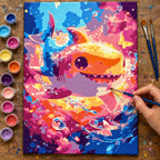 Complete Colorful Smiling Shark numbered canvas being painted with acrylic paints and brushes