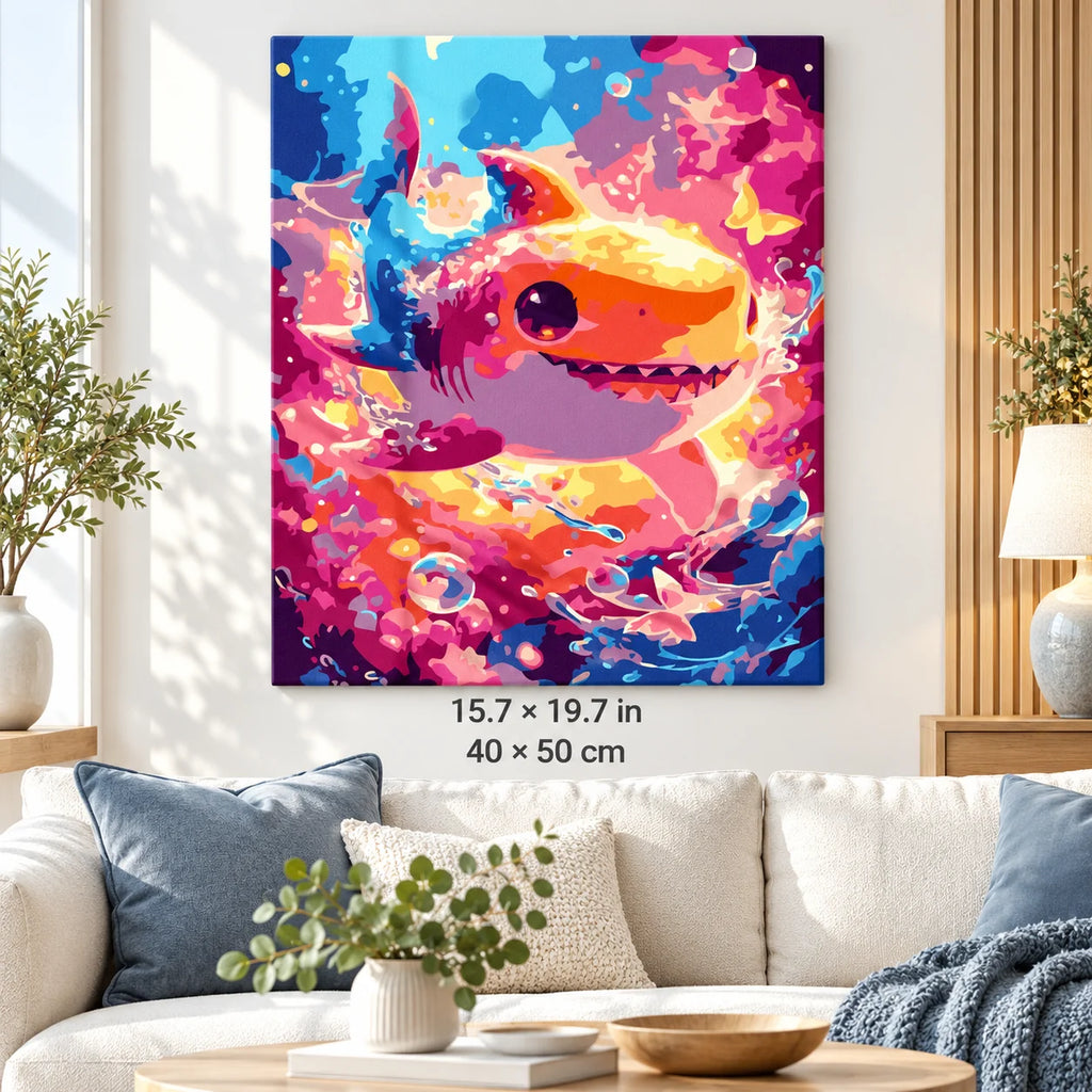 Colorful Smiling Shark shown in a styled room with 15.7 × 19.7 in and 40 × 50 cm dimensions