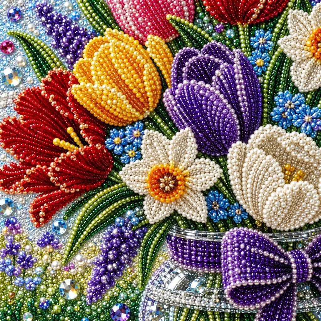 Close-up of glossy pearl beads forming colorful tulips and flowers in the design.