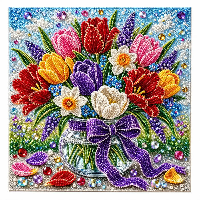 Pearl painting kit artwork of a colorful tulip bouquet in a glass jar with a purple bow.