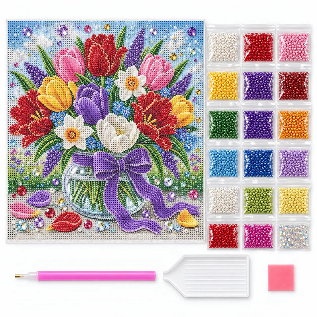 Pearl painting kit contents shown with the colorful tulip jar canvas.