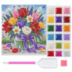 Pearl painting kit contents shown with the colorful tulip jar canvas.