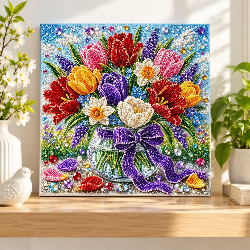 The finished colorful tulip jar pearl painting displayed in a home setting.