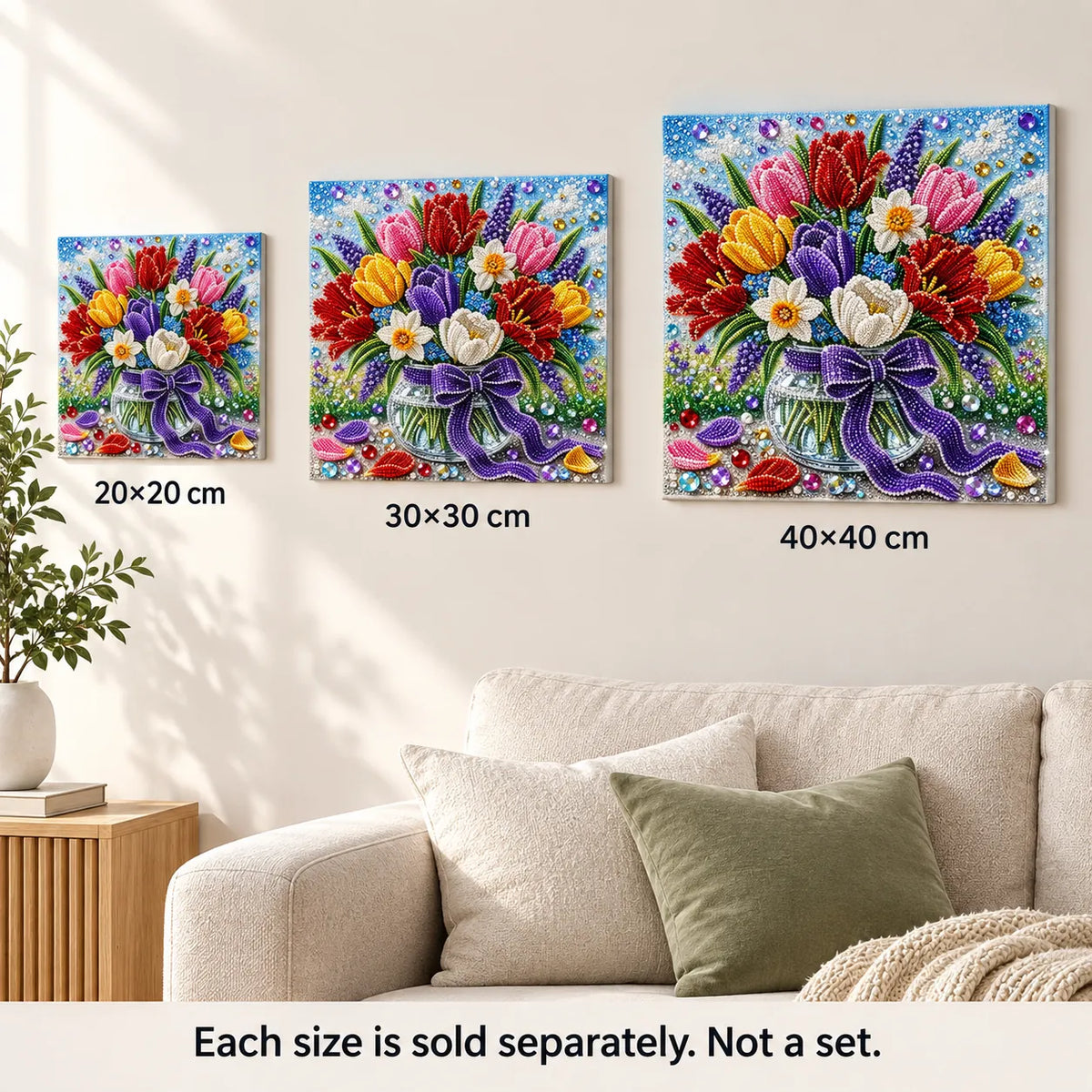 The colorful tulip jar design shown in three size options; each size sold separately.