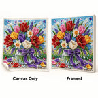 Canvas Only and Framed options for the colorful tulip jar pearl painting.