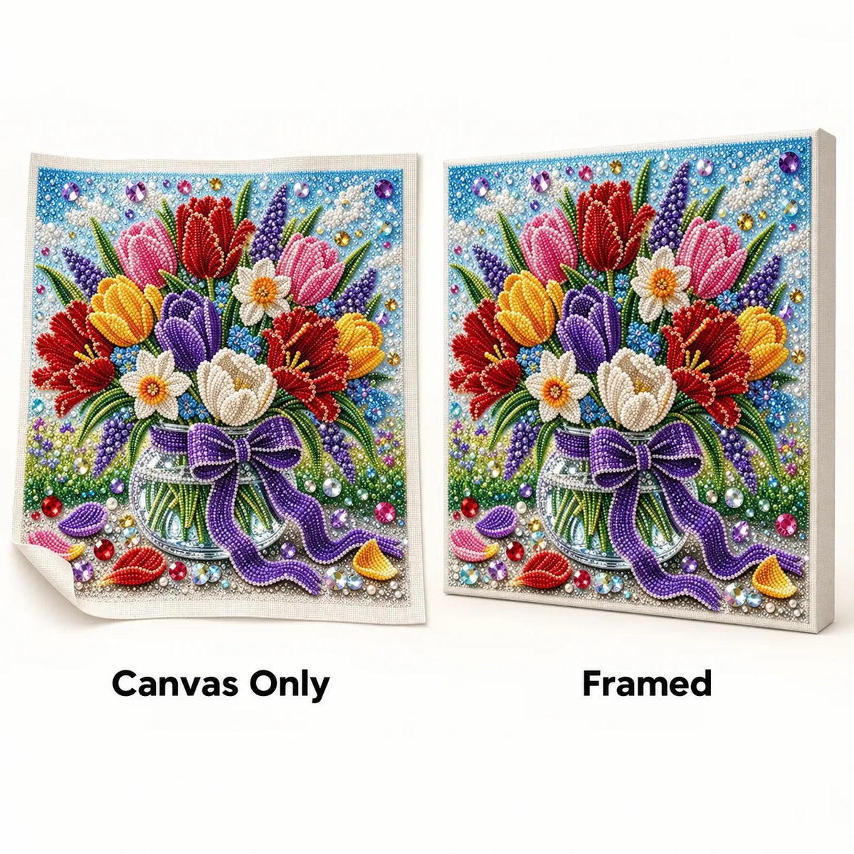 Canvas Only and Framed options for the colorful tulip jar pearl painting.