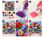 Six numbered steps showing how to assemble and complete the colorful tulip jar pearl painting.