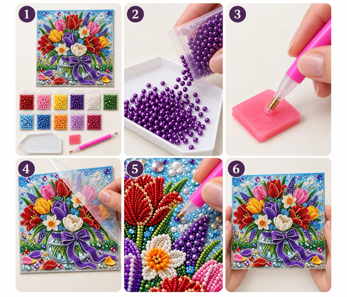 Six numbered steps showing how to assemble and complete the colorful tulip jar pearl painting.