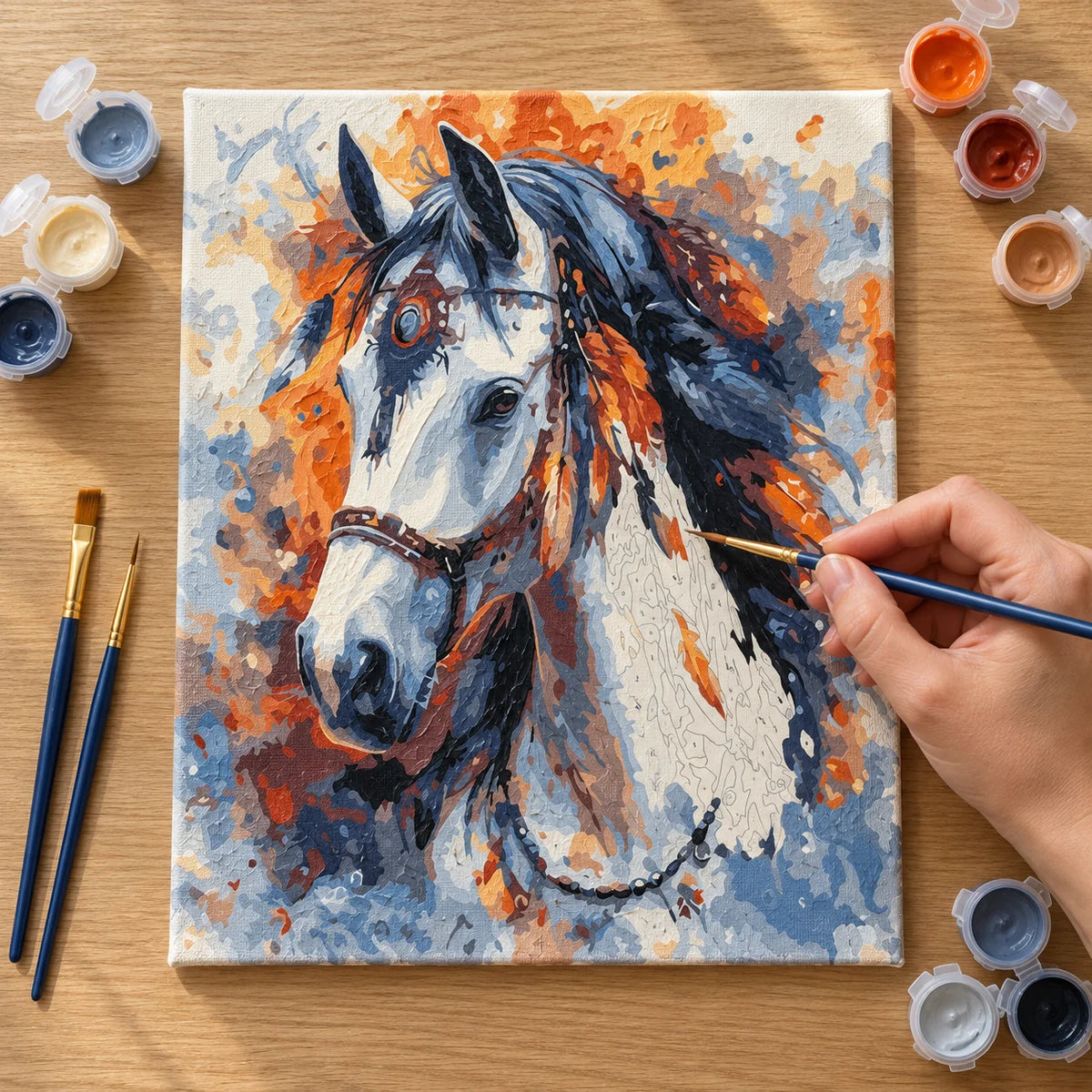 Complete Colorful White Horse Portrait numbered canvas being painted with acrylic paints and brushes
