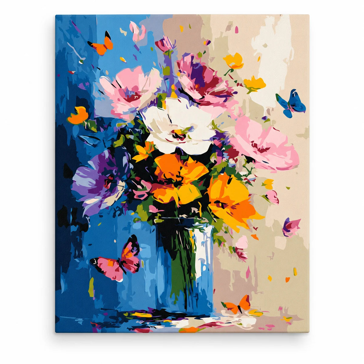Colorful Wildflower Bouquet with Butterflies paint by numbers artwork on a front-facing canvas against a white background