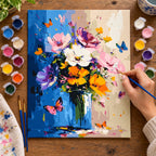 Complete Colorful Wildflower Bouquet with Butterflies numbered canvas being painted with acrylic paints and brushes