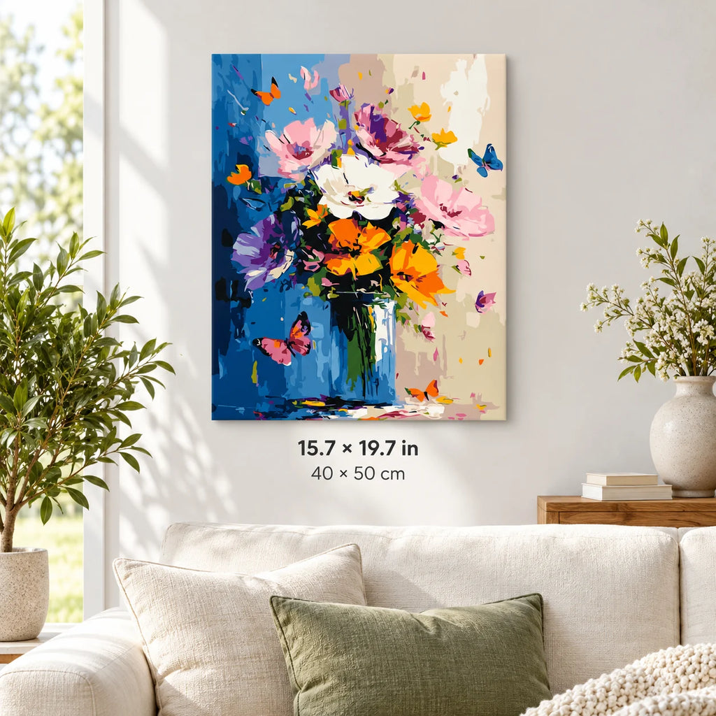 Colorful Wildflower Bouquet with Butterflies shown in a styled room with 15.7 × 19.7 in and 40 × 50 cm dimensions