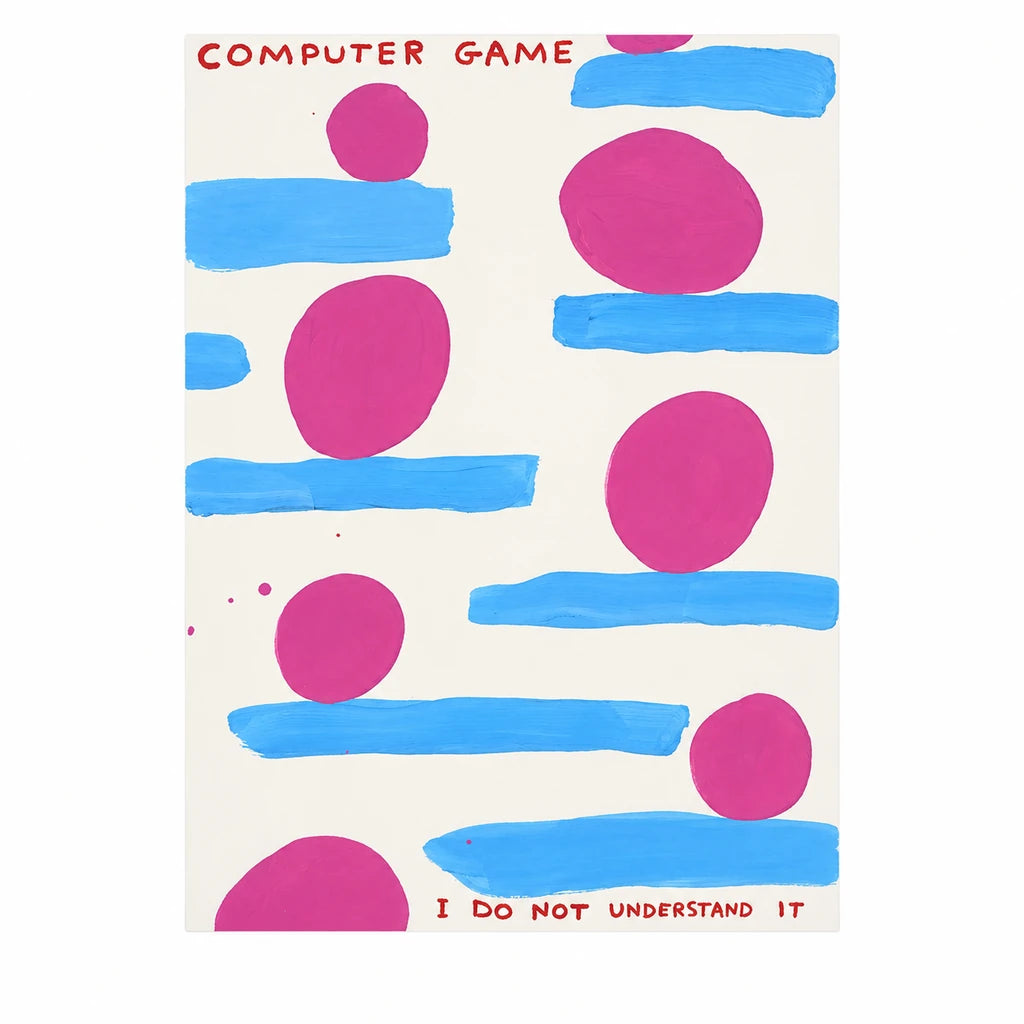 Original artwork for Computer Game Abstract Blue Pink Diamond Painting Kit, showing playful blue bars and pink shapes with the words “Computer Game”.