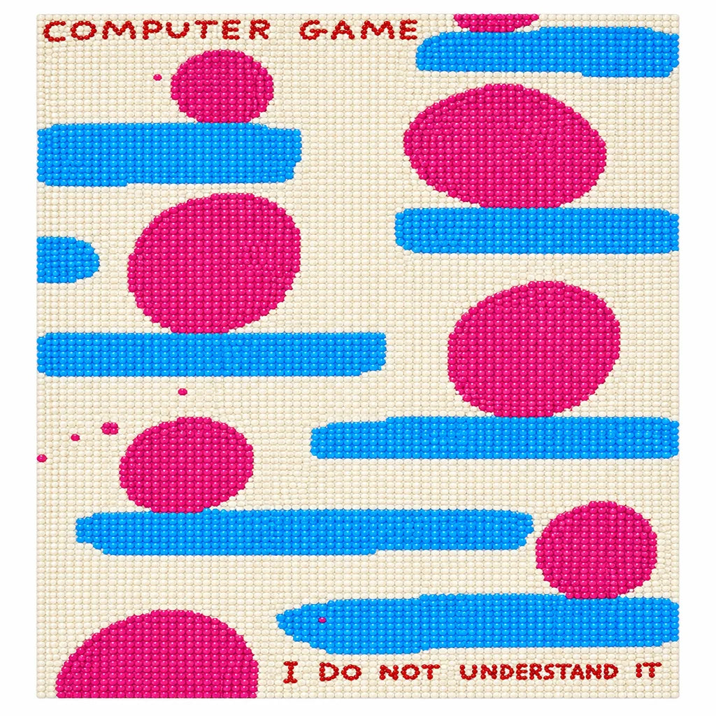 Finished diamond painting of playful blue bars and pink shapes with the words “Computer Game”.