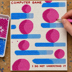 Diamond painting process for Computer Game Abstract Blue Pink Diamond Painting Kit, with drills being placed over playful blue bars and pink shapes with the words “Computer Game”.