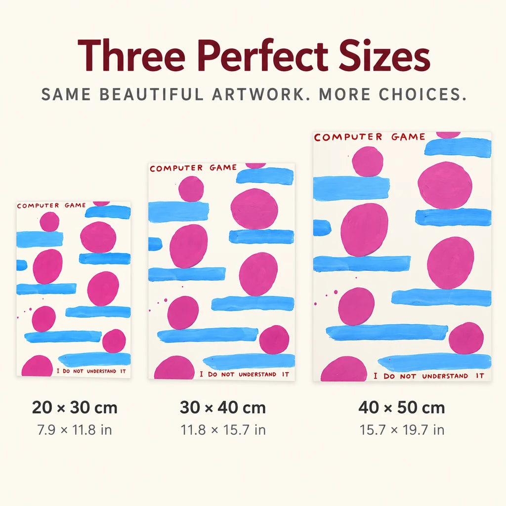 Size guide for Computer Game Abstract Blue Pink Diamond Painting Kit: 20 × 30 cm, 30 × 40 cm, and 40 × 50 cm.