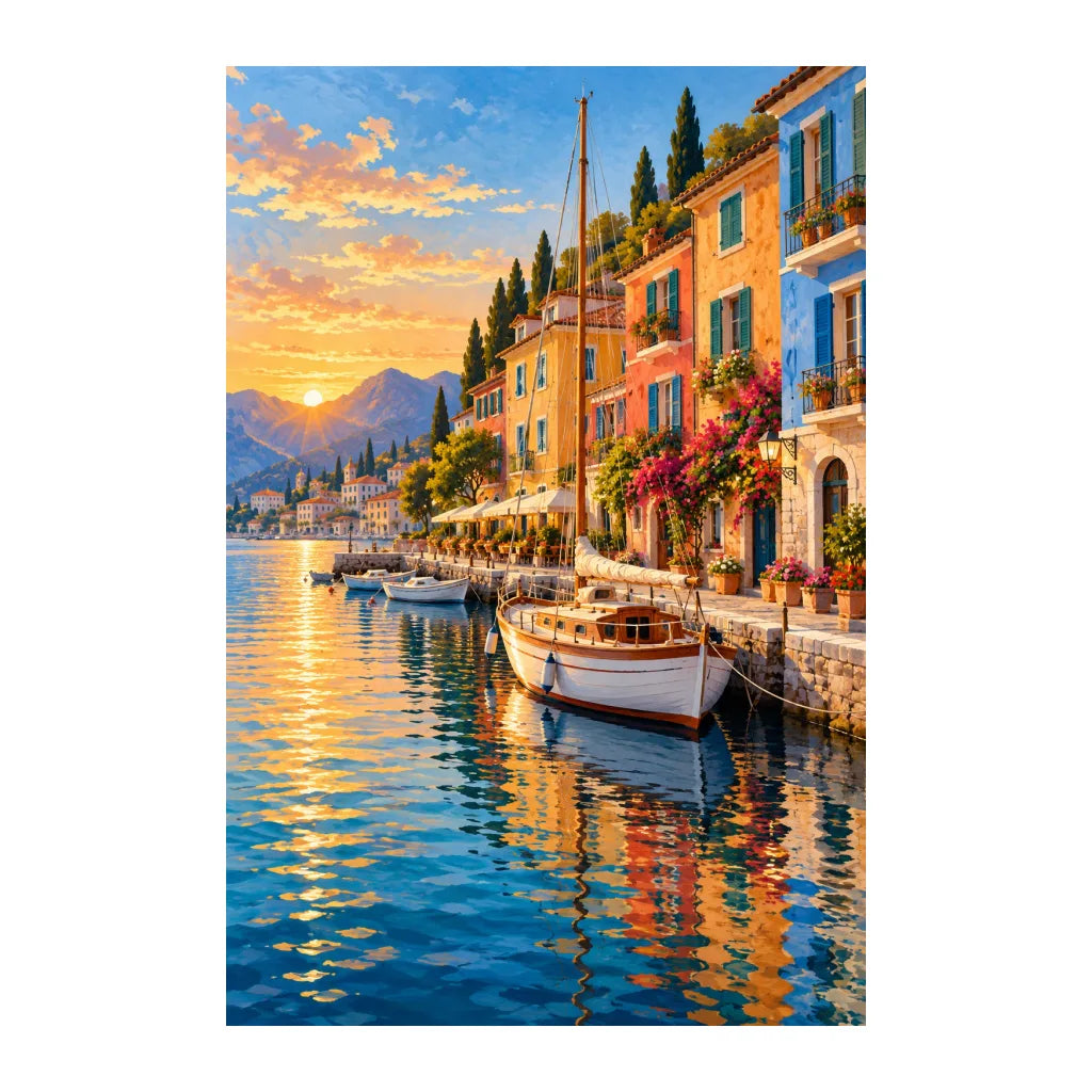 White-background original artwork of copenhagen colorful harbor